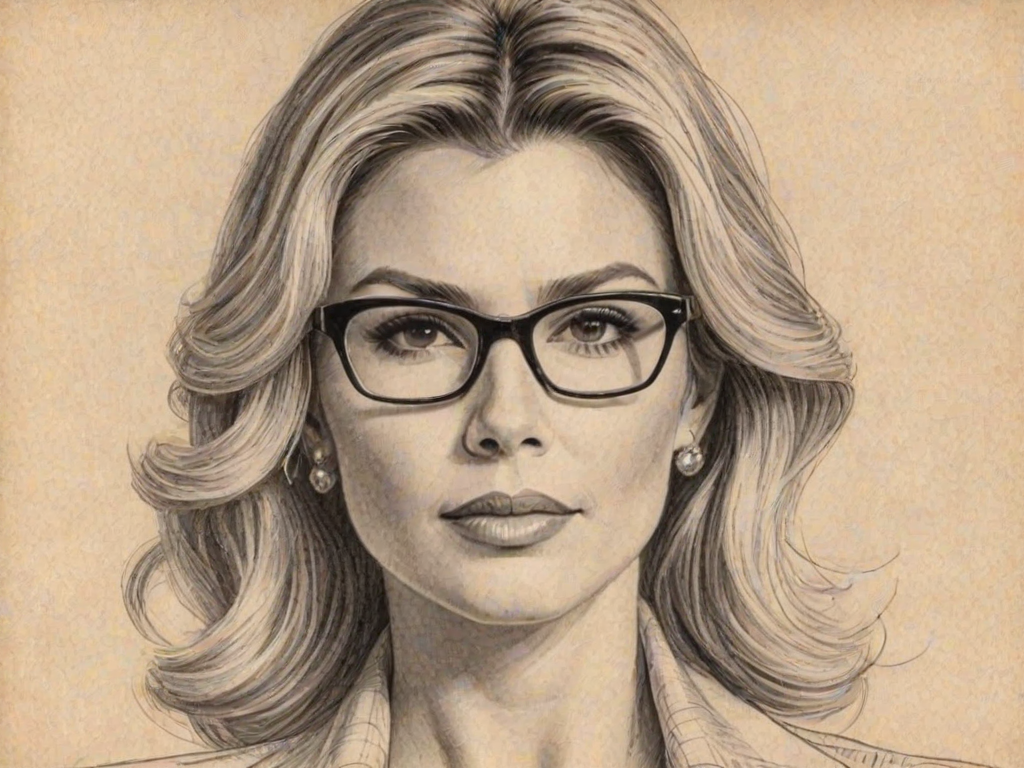 Graceful Brandi Glanville, pencil sketch, portrait of Fetching woman 1956s in glasses, hair style beatnik, outline, clear lines, fine lines, 8k