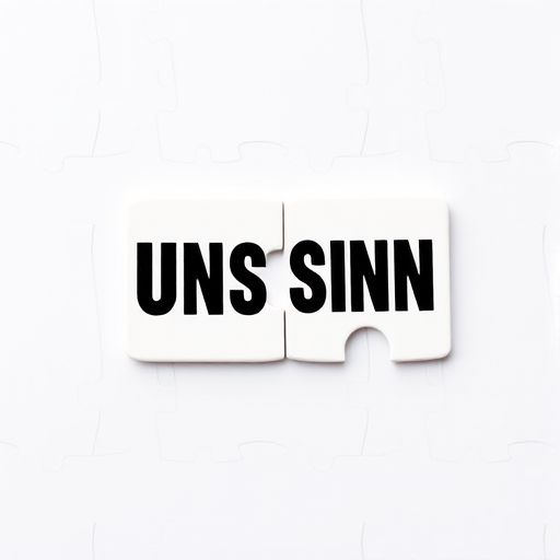 Create an image of two interlocking puzzle pieces, one labeled "Unsinn" in bold black text and the other labeled "Sinn" in black text against a white background, shot with a Canon EOS R5, 50mm lens, f/2.8 aperture, ISO 100, in soft diffused lighting to enhance clarity and detail.
