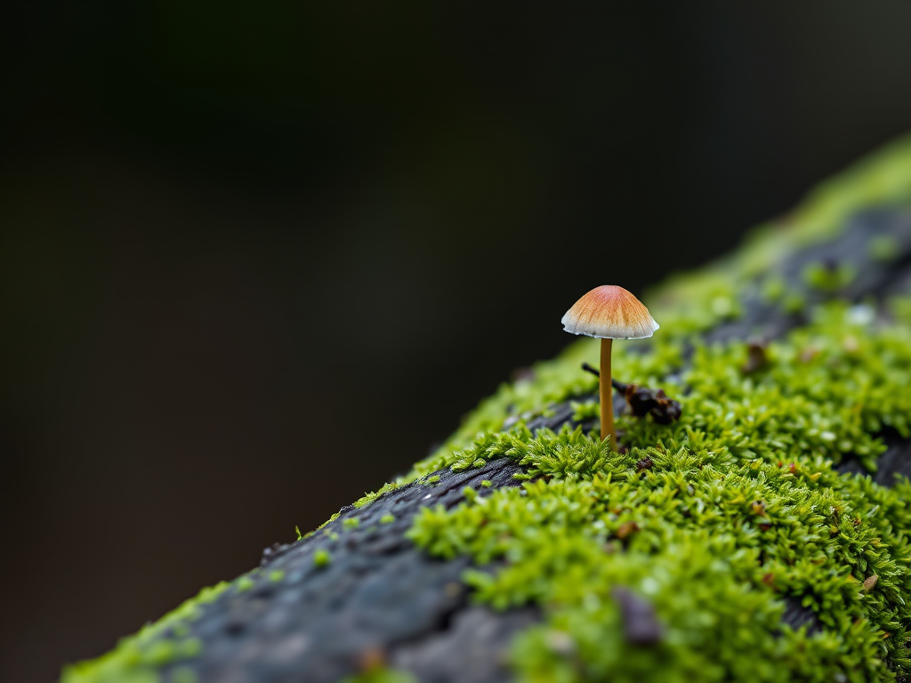 macro shot of a small mushroom growing on a mossy log with a blurred dark background, aperture f/2.8, shutter speed 1/60s, ISO 100, 50mm lens, taken with a DSLR camera in natural light for enhanced detail and color vibrancy