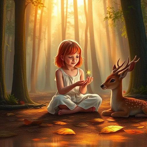 A luminous digital painting of a serene forest scene featuring a barefoot young female, about 7 years old, with orange hair and fair skin, dressed in a simple white outfit. He sits cross-legged on the forest floor, gazing at a small, glowing, magical firefly in his hand. Beside him, a delicate spotted deer lies calmly on a bed of dried leaves, observing the scene. The dense forest is bathed in warm, golden light filtering through the trees, creating a peaceful, magical atmosphere with a blend of natural and mystical elements.