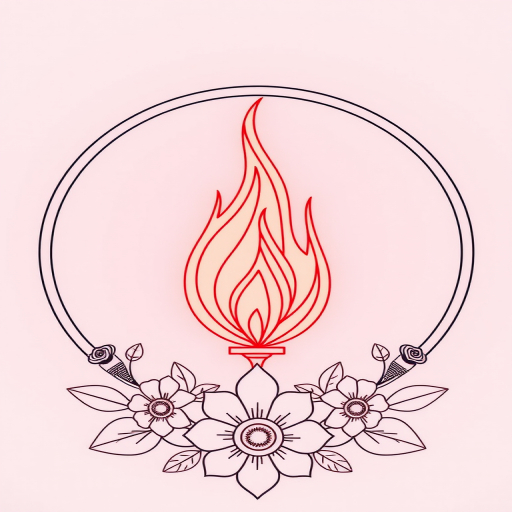 Create an intricate line art illustration of a flame inside a circular border with floral designs at the base, captured with a Canon EOS R5, 50mm lens, f/1.8 aperture, ISO 100, 1/200 sec exposure, in high-resolution portrait orientation.