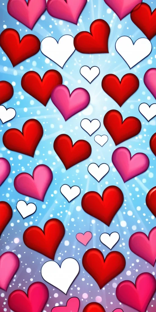 Colorful Hearts Floating Against a Bright Blue Background with Sparkles