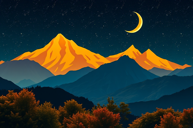 create an abstract digital artwork featuring stylized mountains in shades of yellow and orange against a dark starry night sky with a crescent moon, include vibrant foliage at the bottom, shot with a Canon EOS R camera, wide-angle lens, f/8 aperture, ISO 400, 1/60 sec shutter speed, high-resolution with vivid colors and sharp details.