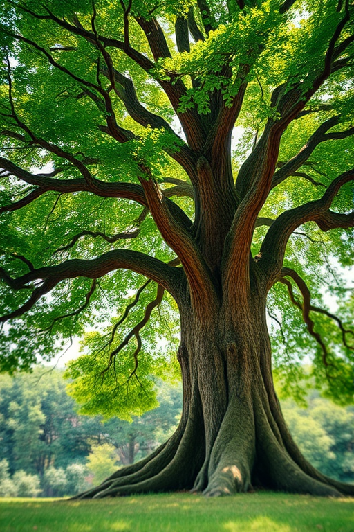 Generate a detailed and vibrant illustration of a large green tree with a sturdy brown trunk, using a DSLR camera with a 50mm lens, f/4 aperture, ISO 200, and a depth of field effect, capturing the image from a low angle to emphasize the tree's height and lush foliage.
