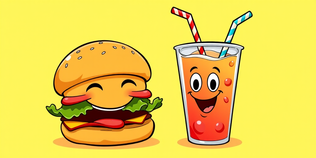 Create a vibrant cartoon illustration of a smiling burger and a cheerful drink with straws, set against a bright yellow background, using a Canon EOS R5 camera with an aperture of f/5.6, shutter speed of 1/200s, ISO 100, 24mm lens for a crisp and colorful finish.