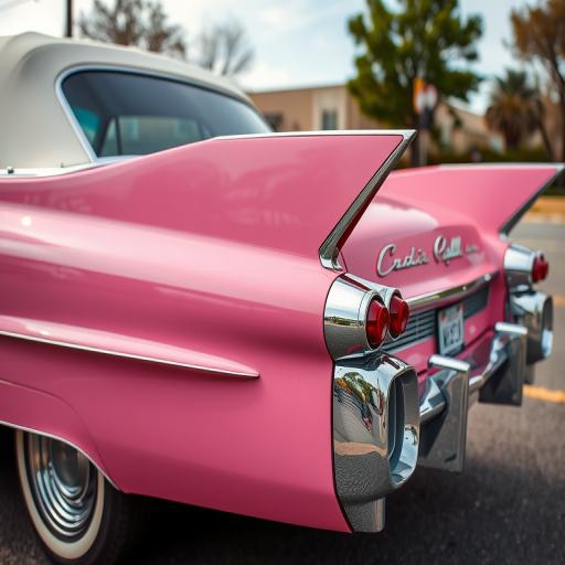 Capture a side view of a vintage pink Cadillac, ensuring high detail and sharpness, using a Canon EOS R5 with a 50mm lens, f/1.8 aperture, ISO 100, and a high-resolution setting to enhance image quality.