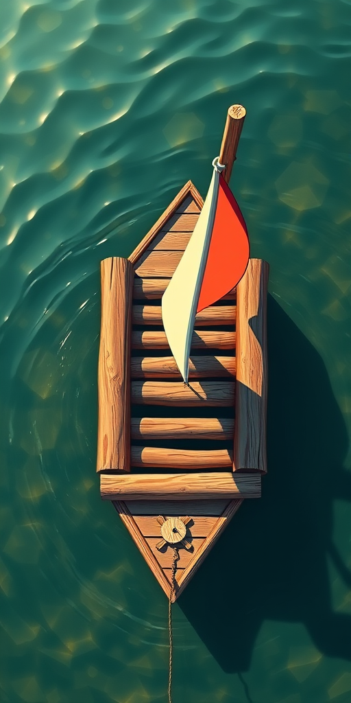 Create a high-resolution illustration of a simple raft made of wooden logs with a small triangular sail, captured from a top-down view using a DSLR camera with a 50mm lens at f/2.8, focusing on vibrant colors and clear details.