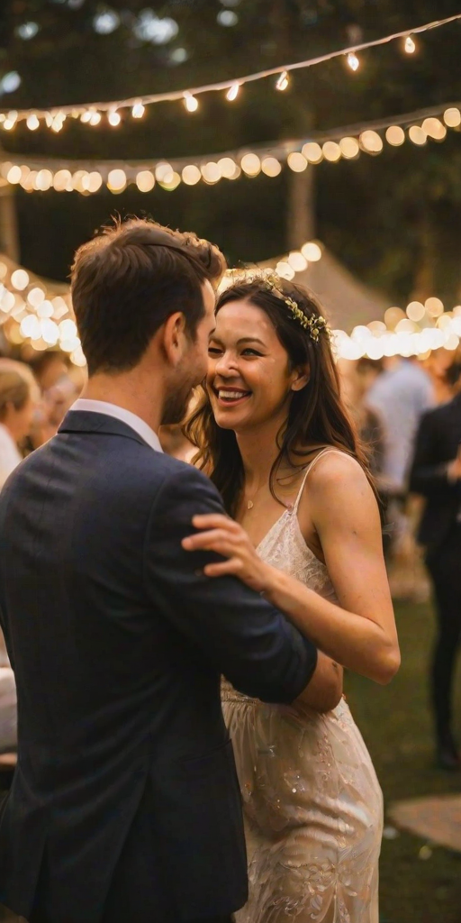 Blurry candid shot of a couple twirling under fairy lights at an outdoor wedding reception, soft golden light illuminating their smiles, with the blurred outlines of guests watching from nearby tables.