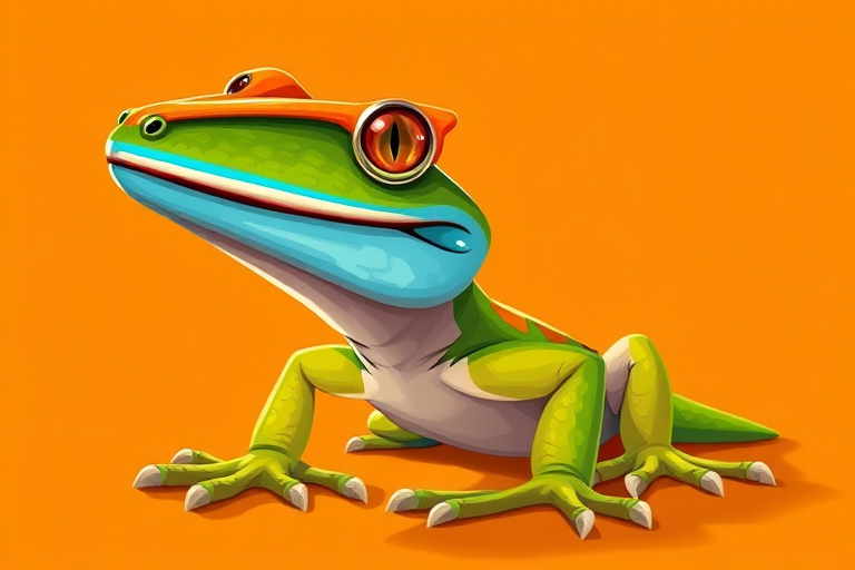 Create a vibrant and colorful illustration of a friendly lizard with exaggerated features, set against a simple orange background, using a DSLR camera with a high aperture setting of f/2.8, a focal length of 50mm, and a shallow depth of field to enhance clarity and detail in the subject.