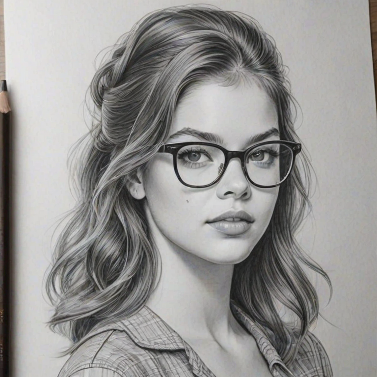 Enticing Barbara Palvin, pencil sketch, portrait of Delightful woman 1960s in glasses, hair style beatnik, outline, clear lines, fine lines, 8k