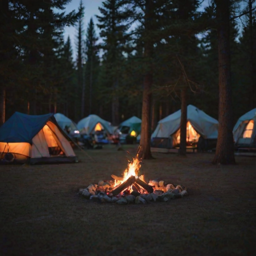 Soft-focus image of a cozy campsite at dusk, with a crackling fire in the center, soft shadows dancing around tents, and stars just beginning to twinkle overhead.