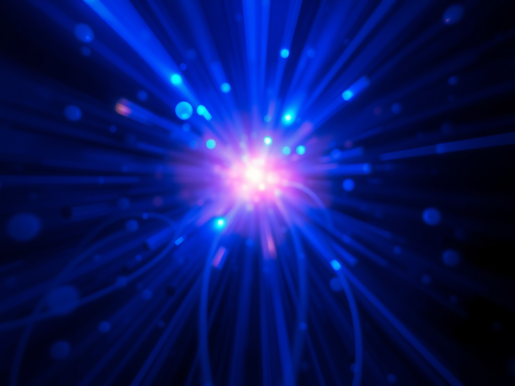 Create a vibrant abstract image of swirling blue lights and beams with a soft glow, using a Canon EOS R5 camera, 50mm lens, aperture f/1.8, ISO 100, shutter speed 1/200s, in a wide-angle view, with a focus on depth and clarity.