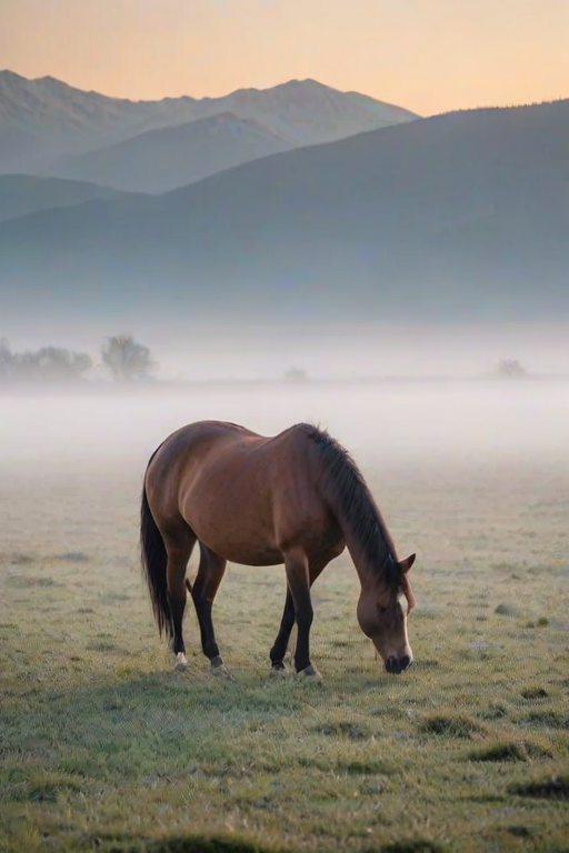 Softly focused photo of a lone horse grazing in a fog-covered meadow at dawn, soft morning light casting a serene atmosphere, with distant mountains barely visible through the mist.