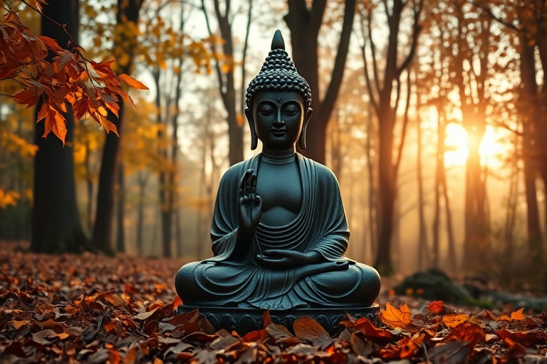 Create an image of a serene Buddha statue surrounded by autumn leaves and a mystical forest backdrop, with soft golden light filtering through the trees, captured using a DSLR camera at 50mm focal length, f/1.8 aperture, ISO 100, in natural light with a shallow depth of field for a dreamy effect.