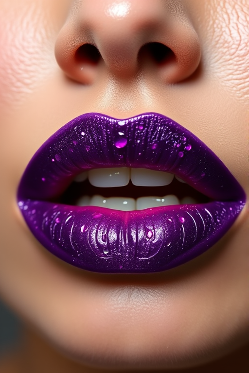Regal "Royal Amethyst" lips adorned with a rich, shimmering purple color, meticulously applied to create a luxurious, jewel-like effect