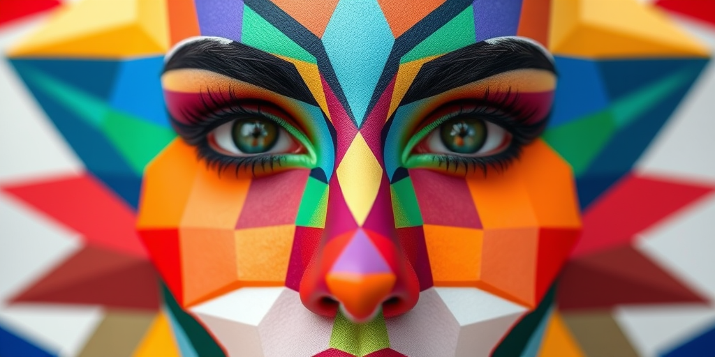 Regenerate the image of a colorful geometric face design with a focus on sharpness and clarity, using a DSLR camera, 50mm lens, aperture f/1.8, ISO 100, 1/200 sec exposure, soft natural lighting, and a slight vignette effect.