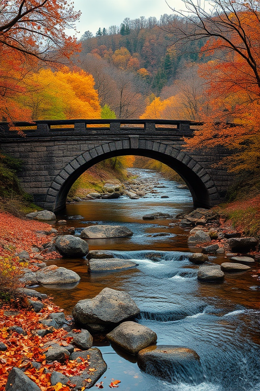 regenerate a picturesque autumn landscape featuring a stone bridge over a serene river surrounded by colorful fall foliage and rocks, use a Canon EOS 5D Mark IV, 24mm lens, aperture f/8, ISO 100, 1/200 sec, natural light, vibrant colors, high-resolution detail