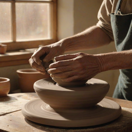 Warmly lit close-up of a potter's hands shaping clay on a spinning wheel, soft natural light streaming through a nearby window, with pottery tools scattered on a wooden table and a peaceful studio atmosphere.