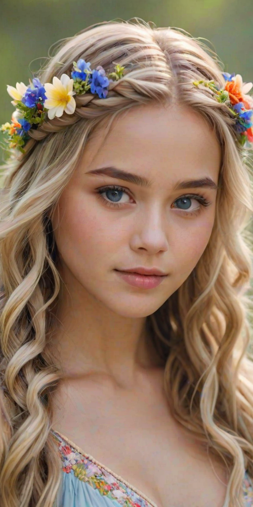 Create an image of a young Filipino woman with long, wavy blonde hair, adorned with small, colorful flowers woven into her braids and loose strands. Her complexion is fair, with soft, glowing skin, and she has light blue eyes that gaze softly at the viewer. She wears a light, flowing dress with a gentle, ethereal quality, complementing her delicate and serene appearance. The background is slightly blurred, drawing focus to her tranquil expression and the intricate details of the flowers in her hair. The overall mood of the image is one of natural beauty and grace, evoking a sense of peacefulness and connection with nature.