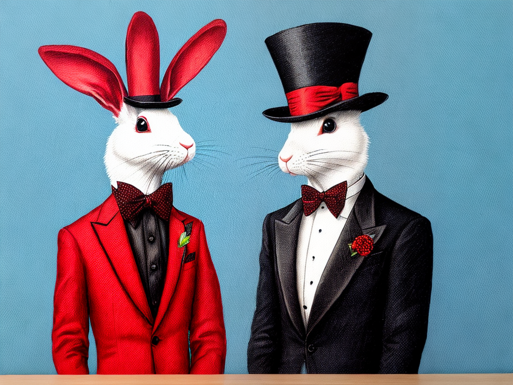 comical rabbit and top hat and red polka dot bowtie
