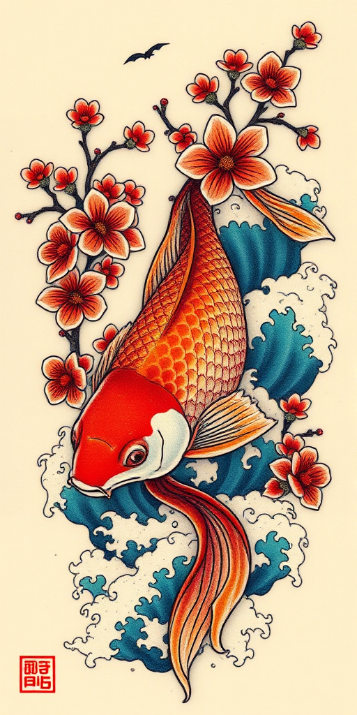 Japanese-inspired irezumi tattoo called "Koi Ascension" featuring a dynamic koi fish swimming upstream through cherry blossoms and turbulent waves, utilizing traditional techniques and vibrant colors