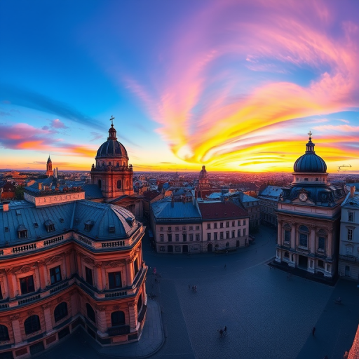 A stunning panoramic view of a historic cityscape at sunset, capturing the grandeur of classic architecture with vibrant colors in the sky, shot with a Canon EOS R5, 24mm lens, aperture f/8, ISO 100, 1/200s exposure, wide-angle perspective for enhanced detail and depth.
