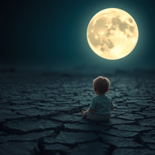 Generate an image of a child sitting on a cracked earth surface, gazing at a large glowing moon, captured with a Canon EOS 5D Mark IV, f/1.8 aperture, ISO 200, in a soft-focus style with a wide-angle lens to enhance the dreamy atmosphere.