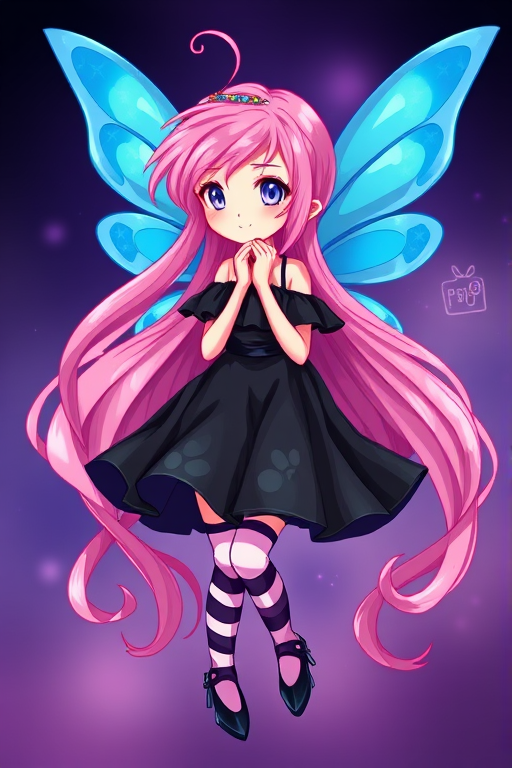 Create an illustration of a whimsical fairy with pink hair and blue wings, wearing a black dress and striped stockings, captured with a DSLR camera at ISO 100, aperture f/2.8, focal length 50mm, in a high-resolution, vibrant, and colorful style.
