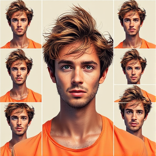 Create a high-resolution pop art style portrait consisting of nine panels featuring a male figure with tousled hair, utilizing a Canon EOS 5D Mark IV with a 50mm f/1.8 lens, aperture set at f/11, ISO 100, and a softbox lighting setup for even illumination, viewed from a slightly elevated angle.