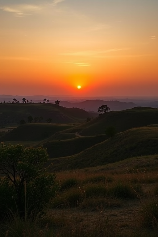 Generate a high-resolution image of a serene landscape during sunset, captured with a Canon EOS R5, aperture f/8, ISO 100, shutter speed 1/125s, in a wide-angle view, using a vibrant color palette and smooth gradients to enhance the quality and details of the scene.
