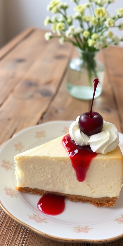 A beautifully sliced piece of creamy cheesecake topped with whipped cream and cherries, served on a delicate plate, with a rustic wooden table in the background and a vase of delicate white flowers.