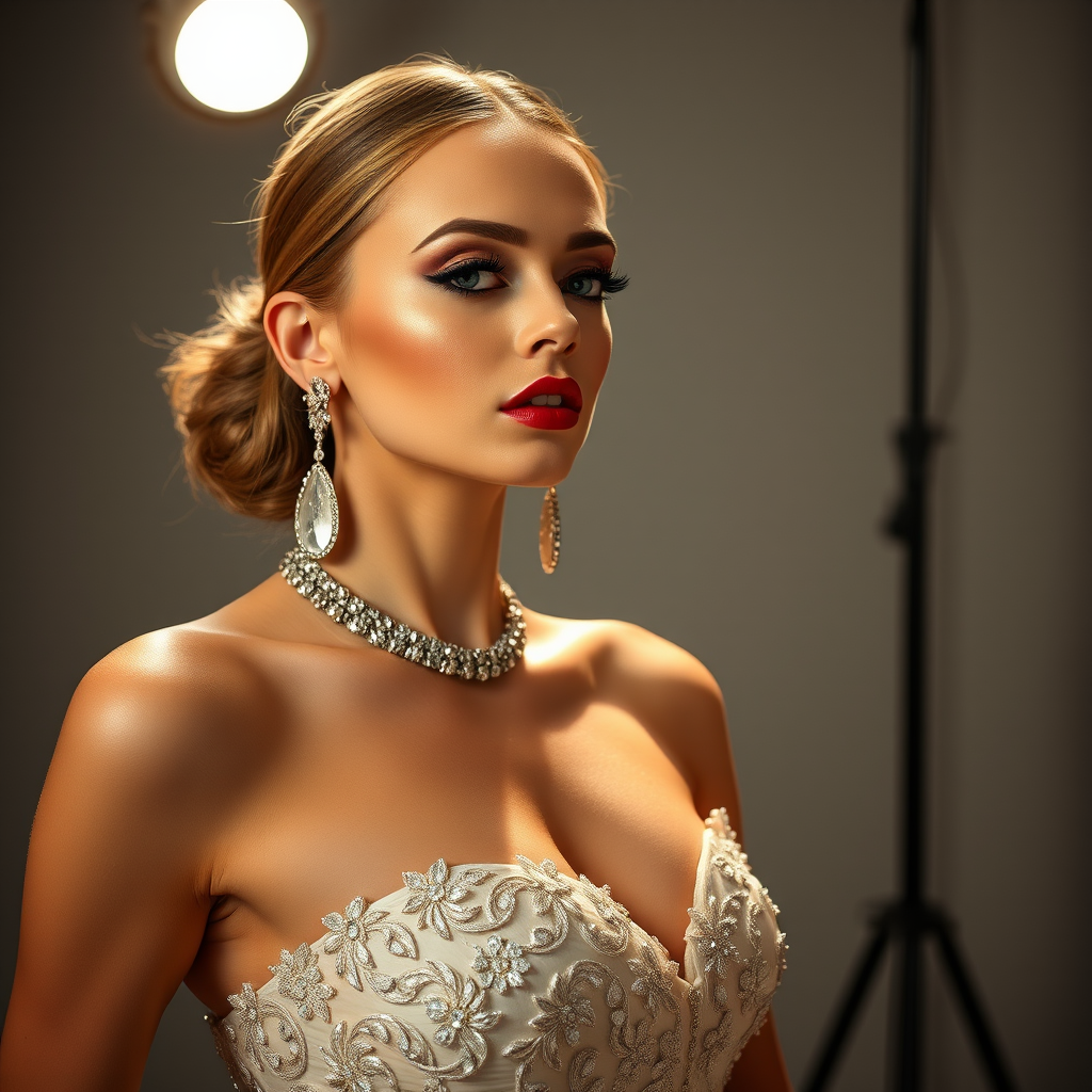 Studio portrait, female model, elegant couture dress, bold makeup, dramatic lighting, Shoot over the shoulder using a telephoto lens to focus on small details like jewelry, makeup, or fabric textures