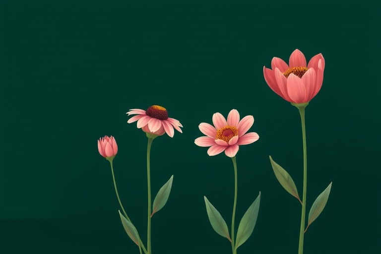 Create an illustration of four stylized flowers in different stages of bloom against a solid dark green background, use a digital painting style, camera settings: f/4 aperture, ISO 100, 50mm focal length, 300 dpi for high resolution.