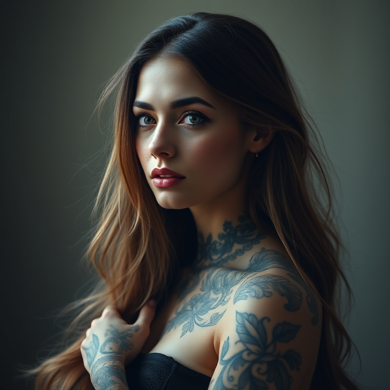 portrait of a woman with long flowing hair and intricate tattoos, soft lighting, shallow depth of field, 85mm lens, f/1.8, ISO 200, captured with a full-frame DSLR camera, elegant and artistic style
