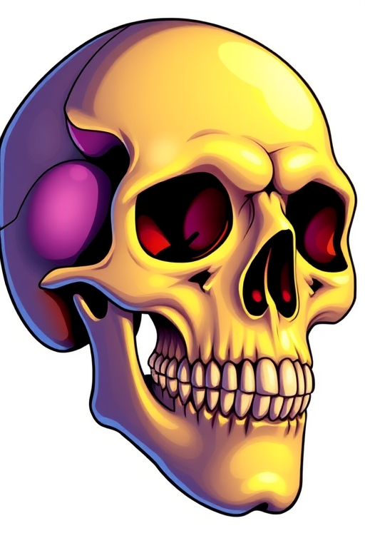 High-resolution digital illustration of a skull with exaggerated features, vibrant colors and smooth gradients, captured with a 50mm lens at f/2.8, ISO 100, under natural lighting, using a DSLR camera for enhanced clarity and detail.