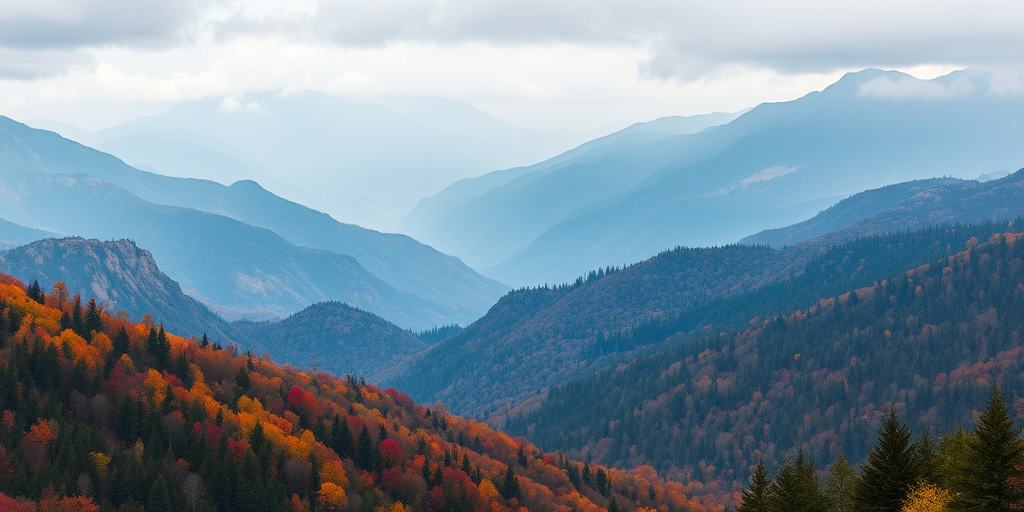 a breathtaking landscape view of mountains and valleys during autumn with vibrant trees and a misty atmosphere in the background