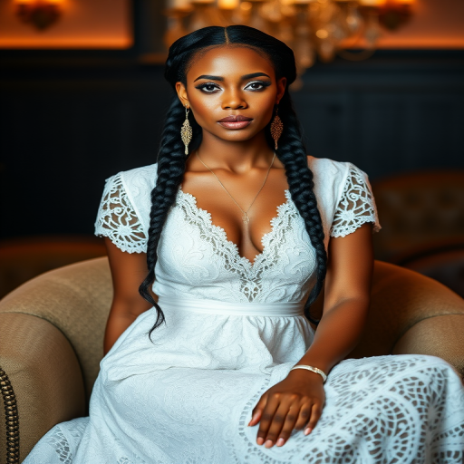Create a portrait of a refined and elegant Torres Strait Islander woman seated in a sophisticated setting. She has long, wavy hair styled in two thick braids that are pulled over her shoulders. She wears a white, lace gown with intricate patterns, featuring a deep V-neckline and short sleeves. The dress exudes a vintage charm with its delicate lacework. She is adorned with ornate, dangling earrings that add a touch of glamour to her appearance. The background is softly lit, with warm, ambient lighting that creates a cozy and inviting atmosphere. Her expression is poised and serene, capturing a sense of grace and elegance.