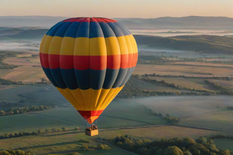 Close-up of a colorful hot air balloon lifting off at dawn, the fabric glowing in the soft morning light, with distant hills and a peaceful countryside visible on the horizon.