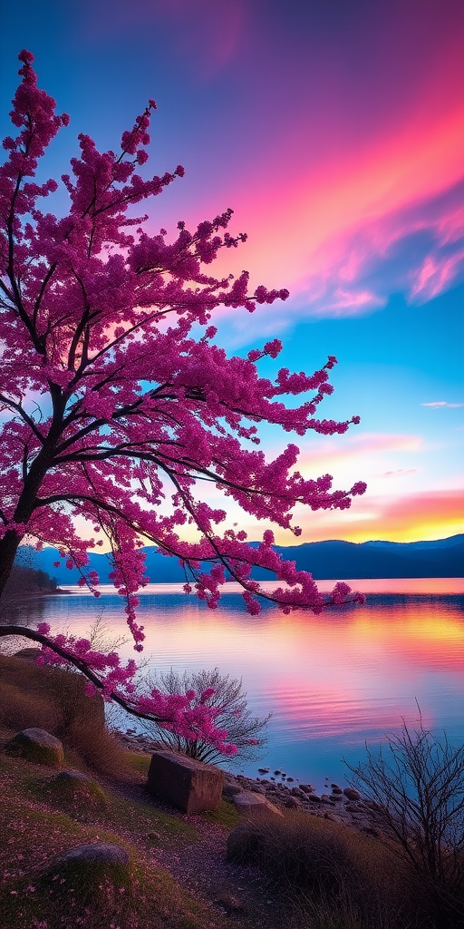Create a vivid landscape image of a vibrant pink cherry blossom tree beside a tranquil lake at sunset with a colorful gradient sky in shades of blue and purple, captured with a Canon EOS 5D Mark IV, f/8 aperture, ISO 100, 1/250s shutter speed, using a wide-angle lens for an expansive view.