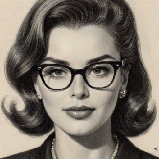 Stunning Brooke L. Thomas, pencil sketch, portrait of Wonderful woman 1958s in glasses, hair style beatnik, outline, clear lines, fine lines, 8k