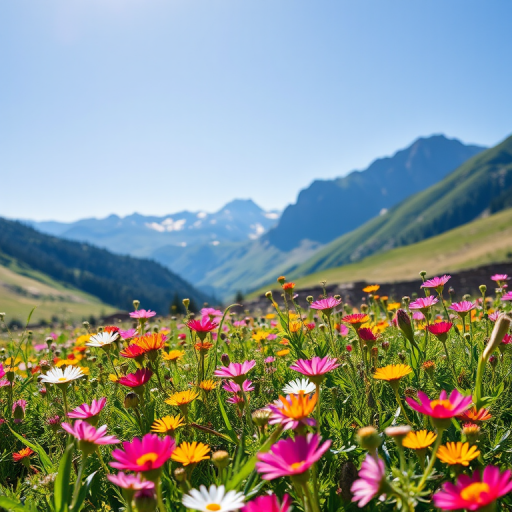 regenerate a vibrant meadow filled with wildflowers under a clear blue sky with mountains in the background, use a DSLR camera with a 24mm lens, aperture f/8, shutter speed 1/200 sec, ISO 100, shot from a low angle to capture the flowers in the foreground and the mountains towering in the distance, natural lighting for enhanced colors and sharp details