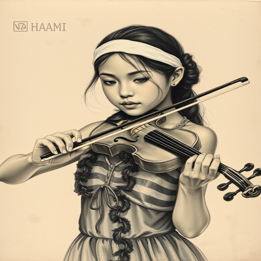 a young Hawaiian woman with a white headband playing a violin, in the style of a charcoal drawing, sepia grunge background