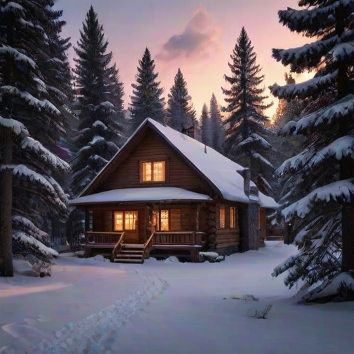 Quiet mountain cabin at dusk, a warm fire glowing inside, while a gentle snow begins to fall outside, coating the pine trees in white.