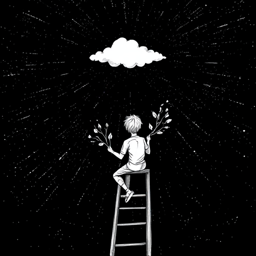 Create a high-contrast black and white illustration of a figure sitting on a wooden ladder against a starry night sky, holding branches with leaves, with a single cloud above, shot with a DSLR camera at f/2.8 aperture, ISO 100, 50mm lens, vertical composition, and natural lighting for enhanced detail and depth.