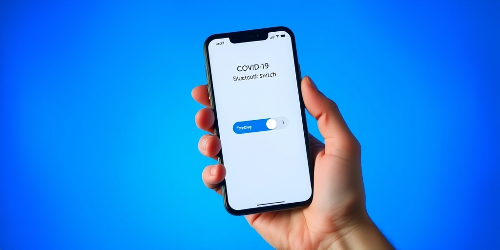 Create an image of a hand holding a smartphone displaying a COVID-19 tracking app with a toggled Bluetooth switch, set against a gradient blue background, shot with a 50mm lens, f/1.8 aperture, ISO 100, and a shallow depth of field for a crisp foreground.
