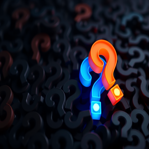 Generate an image of a dark pile of 3D question marks with two illuminated question marks in orange and blue, using a DSLR camera with a 50mm lens, aperture set to f/1.8, ISO 200, and a shallow depth of field for a soft background blur.