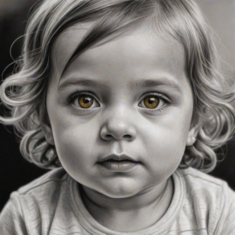 A hyperdetailed photorealistic black and white sketch of a beautiful toddler with deep Yellow eyes, with a macro focus
