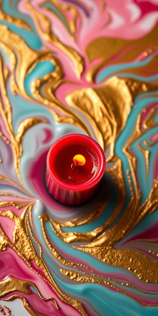 Create an artistic composition of a red candle surrounded by swirling gold and turquoise paint, captured with a Canon EOS R5 at f/2.8, ISO 100, 35mm lens, using soft side lighting to enhance the textures and colors, shot from a top-down perspective with a shallow depth of field for a dreamy effect.
