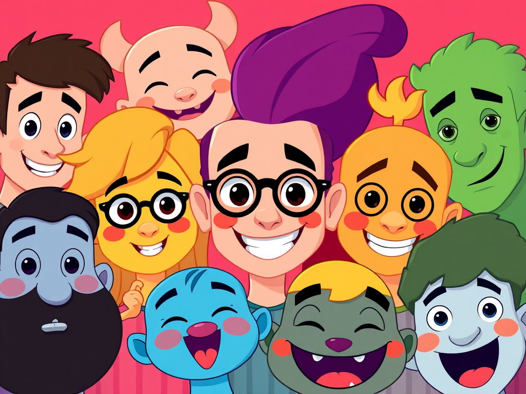 create a vibrant vector-style illustration of diverse cartoon characters with expressive faces, use 50mm lens, f/4 aperture, 1/100s shutter speed, shot in soft studio lighting with high contrast, focus on sharp details and vivid colors