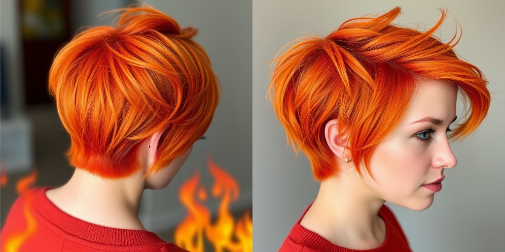 Fiery orange pixie cut with choppy layers and subtle red lowlights, styled to resemble flickering flames dancing in the wind, exuding passionate energy called Phoenix Flare